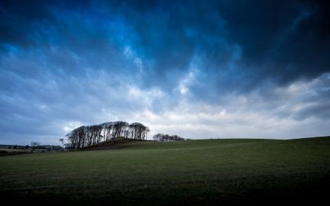 英国，苏格兰，草，山谷，树木，蓝蓝的天空，云壁纸