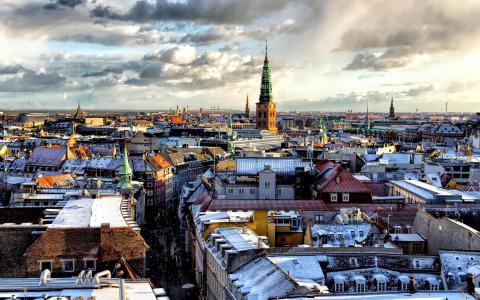 哥本哈根，城市，房子，雪，云壁纸