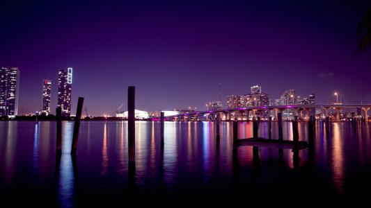 迈阿密，夜晚的城市，桥，天空，城市，河，风景，摄影壁纸