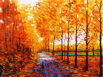 艺术水彩，秋季红枫叶森林与森林的路径壁纸