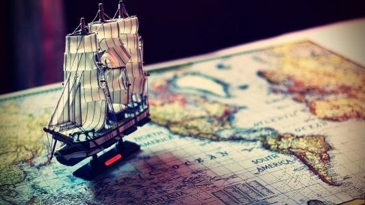 帆船，世界地图，缩影，微距，地图，大洲壁纸