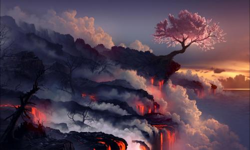 火山爆发，熔岩，火山，东方樱桃，树壁纸