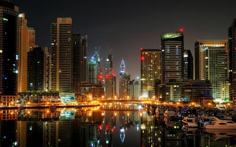 迪拜，城市，晚上，港口，小船，游艇，灯，建筑物壁纸