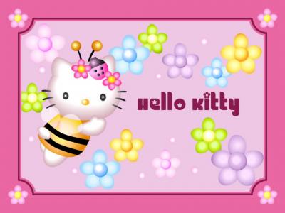 凯蒂猫，卡通，粉红色，猫，蜜蜂壁纸