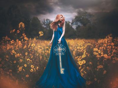 蓝色的连衣裙女孩，关键，鲜花，谢尔比·罗宾逊壁纸