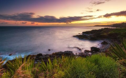 夏威夷，日落，海洋，自然海岸风景壁纸