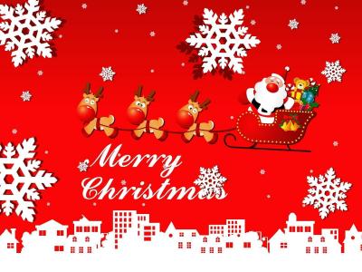 圣诞老人，雪橇，礼物，驯鹿，雪花，城市，圣诞壁纸