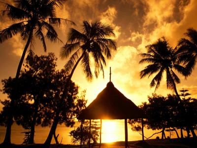 新的喀里多尼亚海湾Kuto金小岛松新喀里多尼亚剪影太阳黎明高清壁纸