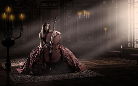红裙子的女孩，大提琴，音乐壁纸