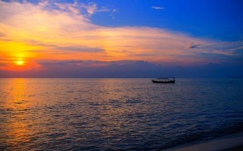 亚洲，柬埔寨，澳大利亚海滩，海，船，日落壁纸