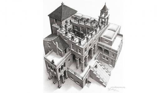 艺术品，错觉，米C.埃舍尔单色，迷幻，建筑，房子，楼梯，塔壁纸