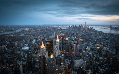 纽约市，曼哈顿，美国，摩天大楼，建筑物，湾，黄昏壁纸