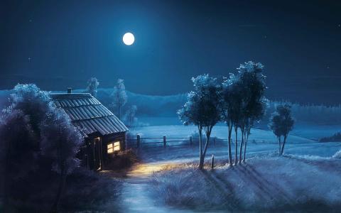 蓝色的夜晚满月的风景壁纸