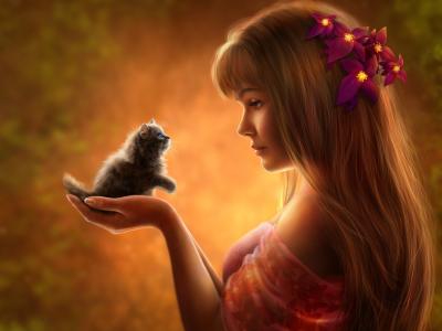 美丽的幻想女孩与小猫壁纸