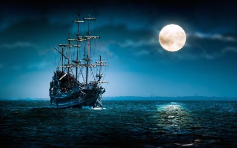 海盗船在月光下壁纸下航行