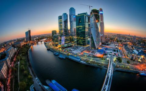 莫斯科市，河，桥，日落，建筑物，灯壁纸