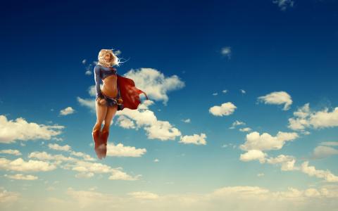 超女，可爱卡通，天空，云壁纸