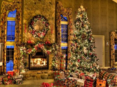 树，圣诞节，礼物，壁炉，花圈，首页，舒适壁纸