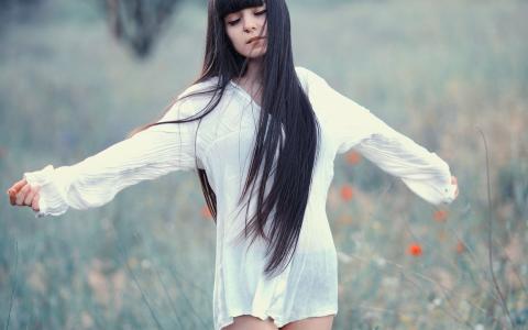 长长的头发的女孩，白色的裙子，草地，梦想壁纸