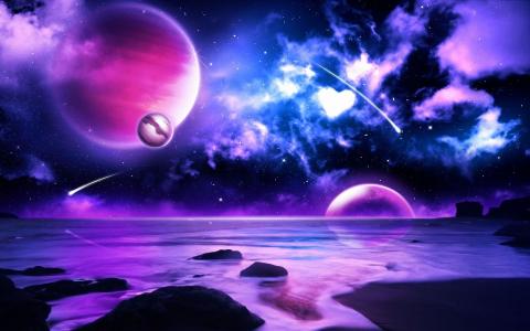 紫色星球流星在空间壁纸