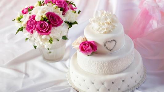 白色蛋糕，花束玫瑰花花壁纸