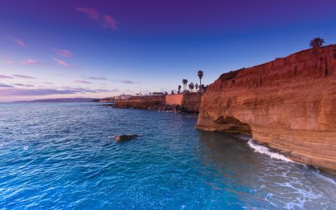 美国，加利福尼亚州，圣地亚哥，美国，日落，悬崖，蓝色的大海，天空壁纸