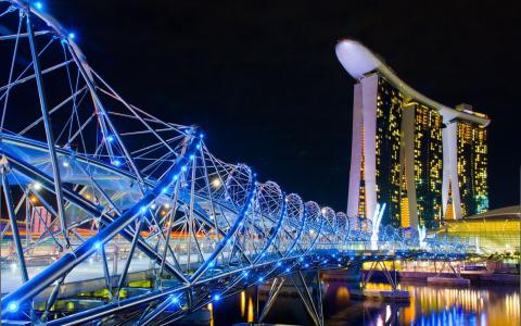 新加坡，城市夜景，酒店，桥，蓝灯壁纸
