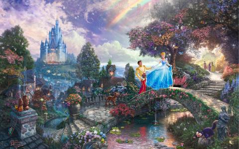 灰姑娘迪斯尼城堡彩虹绘图高清壁纸