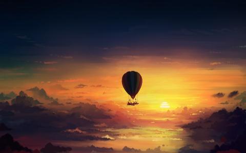 热气球，日落，艺术画壁纸