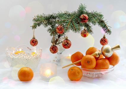 新的一年，圣诞节，食品，橘子，科，蜡烛，桌子壁纸