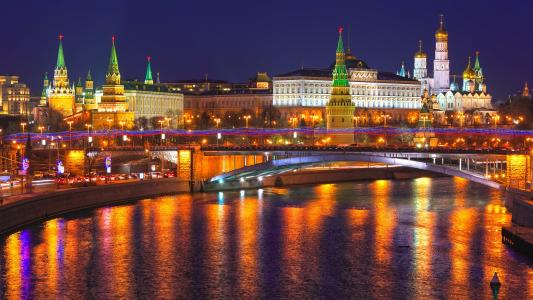 莫斯科，俄罗斯，城市之夜，Kremlin，河流，灯光壁纸