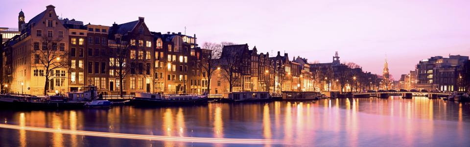 照亮，建筑物，运河，夜晚，阿姆斯特丹，荷兰壁纸