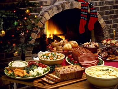 圣诞节，壁炉，节日的桌子，火，铺设壁纸