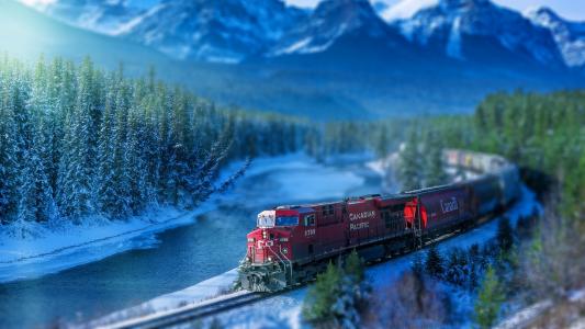 火车，铁路，铁轨，河流，树木，加拿大壁纸
