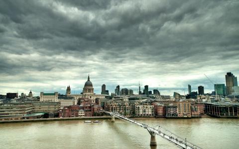 伦敦，英国，千年桥，河，房屋，云，黄昏壁纸