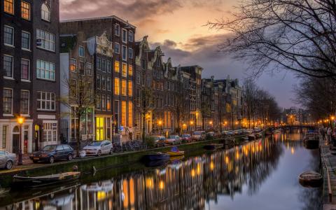 荷兰，北荷兰，阿姆斯特丹，房屋，晚上，船，灯壁纸