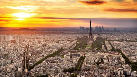 城市，城市景观，法国，巴黎，艾菲尔铁塔，日落壁纸