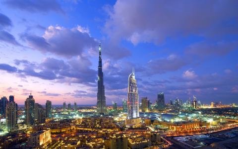 迪拜，哈利法塔，摩天大楼，夜晚，灯光壁纸