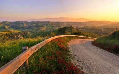 意大利，日落，神话般的景观，道路，丘陵，自然壁纸