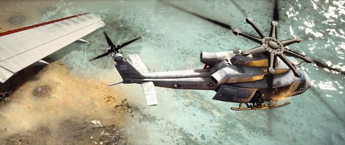 直升机，UH-1，鸟瞰图，海滩，战场4壁纸