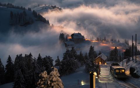 景观，性质，瑞士，日落，雪，村，火车，雾，树，冬天，山壁纸