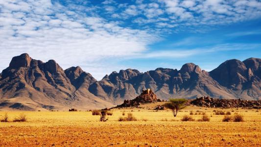 自然，景观，山，云，纳米比亚，非洲，沙漠，岩石，树木，石头，植物壁纸