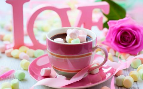 巧克力饮料，粉红色风格，棉花糖，玫瑰，爱，情人节壁纸