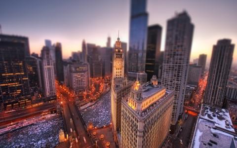 芝加哥市在黎明，伊利诺伊州，美国，芝加哥，冬天，建筑物，灯，高度壁纸