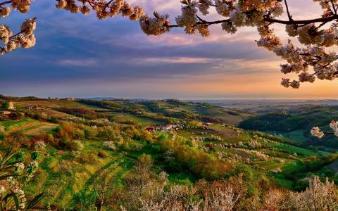意大利，伦巴第大区，科里奥在春天，山谷，黄昏，鲜花，树木的壁纸