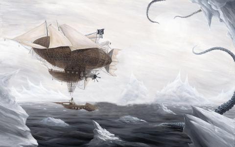 海盗飞艇飞过冰封的海洋壁纸