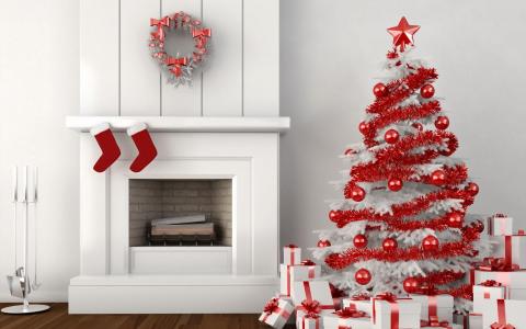 壁炉白色圣诞树礼物冬季壁纸