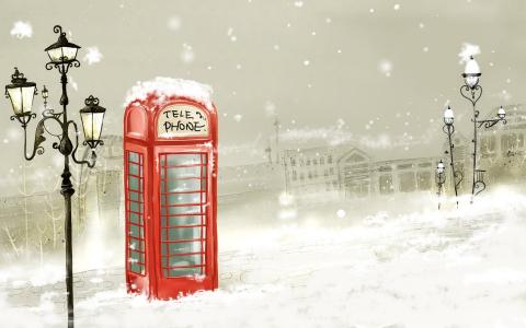 电话亭雪冬季高清壁纸