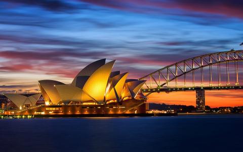 澳大利亚悉尼歌剧院，桥晚上的灯光壁纸