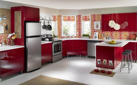 红色的厨房家具壁纸